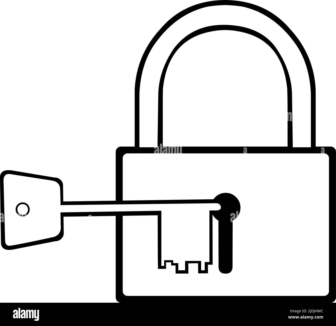 Vector illustration of a key and a closed padlock, drawn black and ...