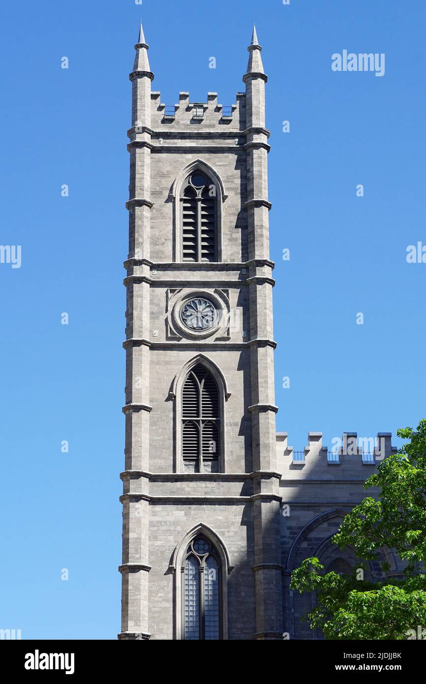 tower, Notre-Dame Basilica (Basilique Notre-Dame de Montréal), Place d'Armes, Montreal, Quebec province, Canada, North America Stock Photo
