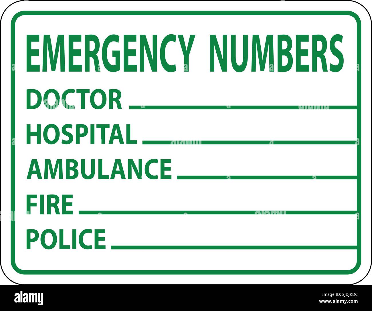 Emergency Phone Numbers Label Sign on white background Stock Vector