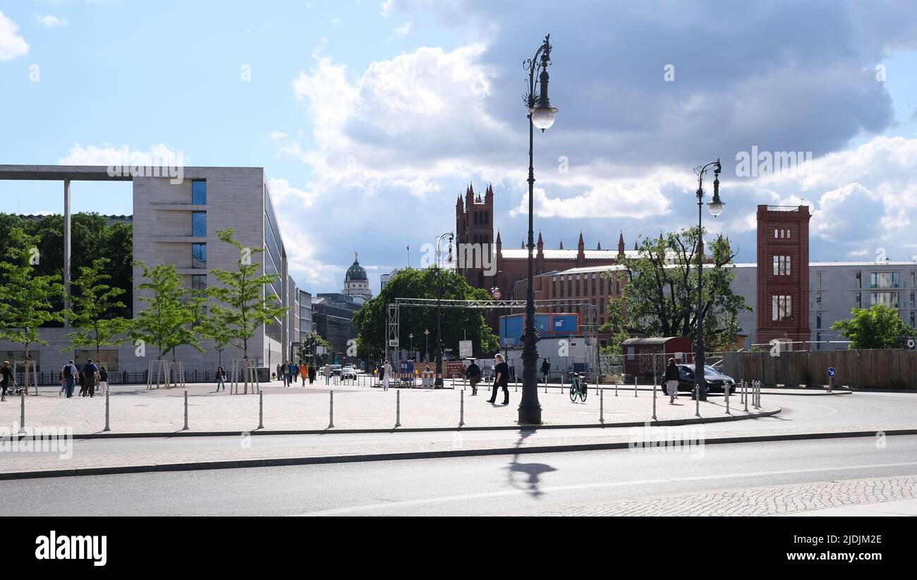 Berlin, Germany, June 13, 2022, view into Französische Strasse with Federal Foreign Ministry, Friedrichwerdersche Church and French Cathedral in the b Stock Photo