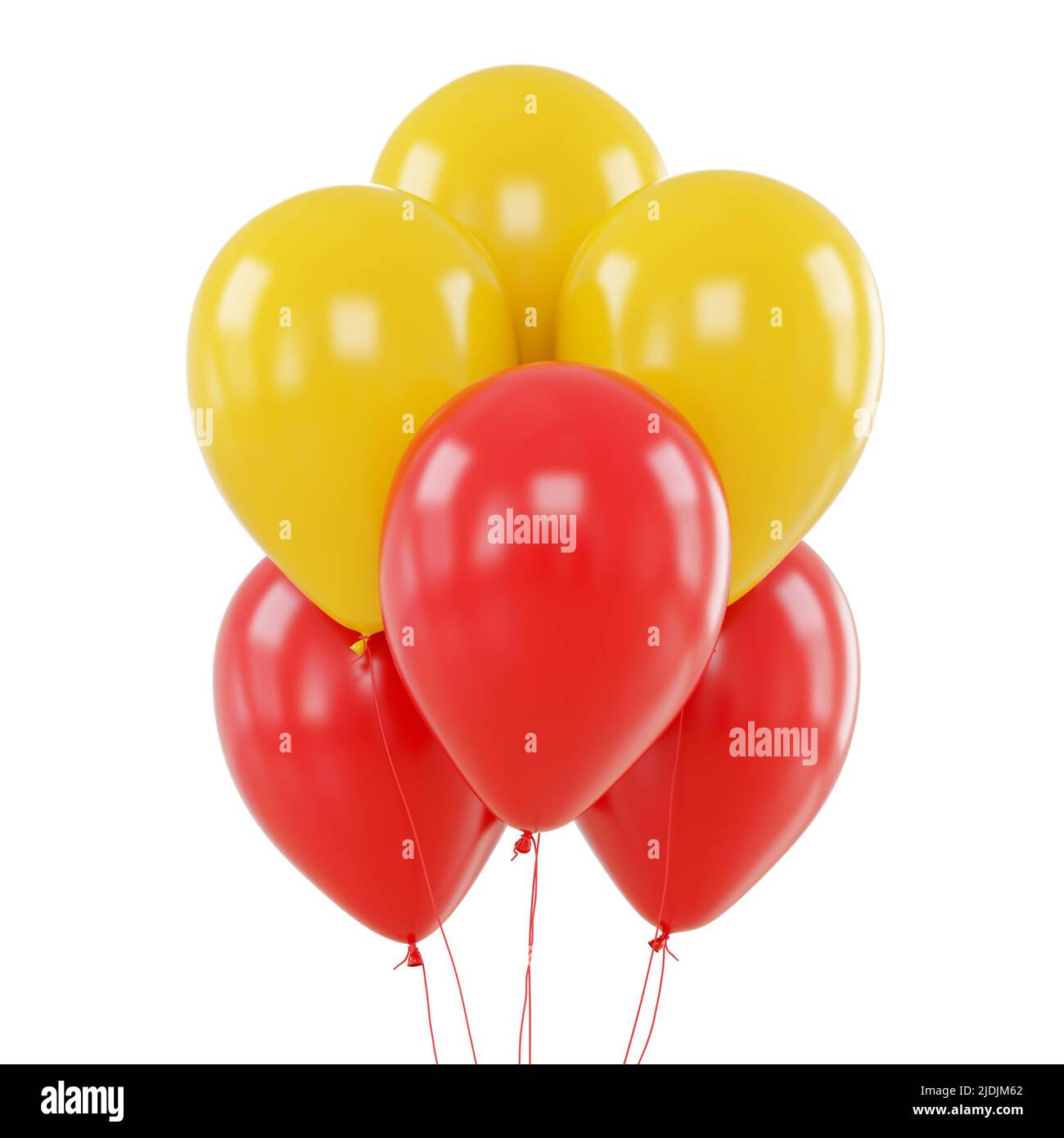Bundle of red and yellow balloons on a white background. Close-up front ...