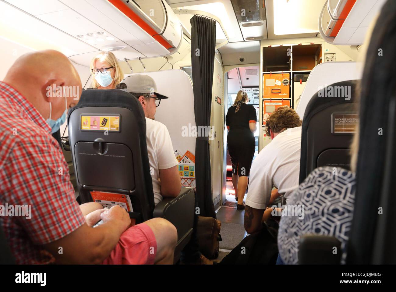 On board Easyjet flight in 2022, the summer of travel chaos, due to staff shortages and IT problems, UK Stock Photo