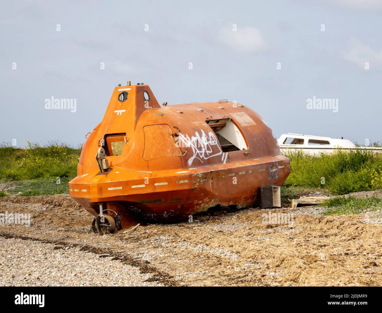 A shipwrecked lifeboat on Roa Island in Morecambe Bay, Cumbria, UK ...