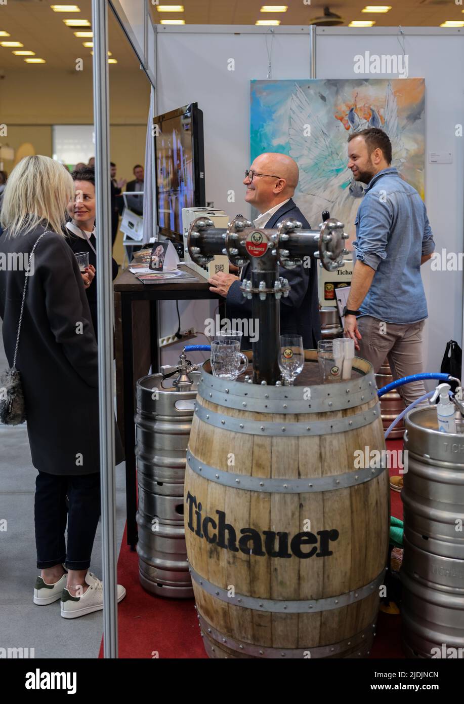 Cracow, Poland - November 3, 2021: International Wine Trade Fair ENOEXPO in Cracow. Producers of wine from all around the world meet the importers dis Stock Photo