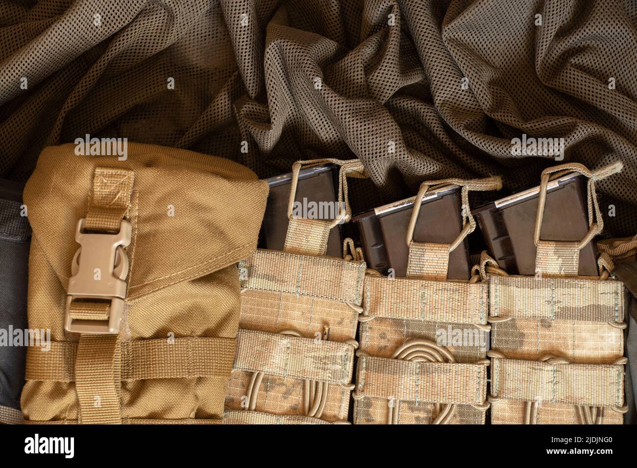 Shop with bullets on a military belt, unloading on a soldier's belt, ammunition Stock Photo