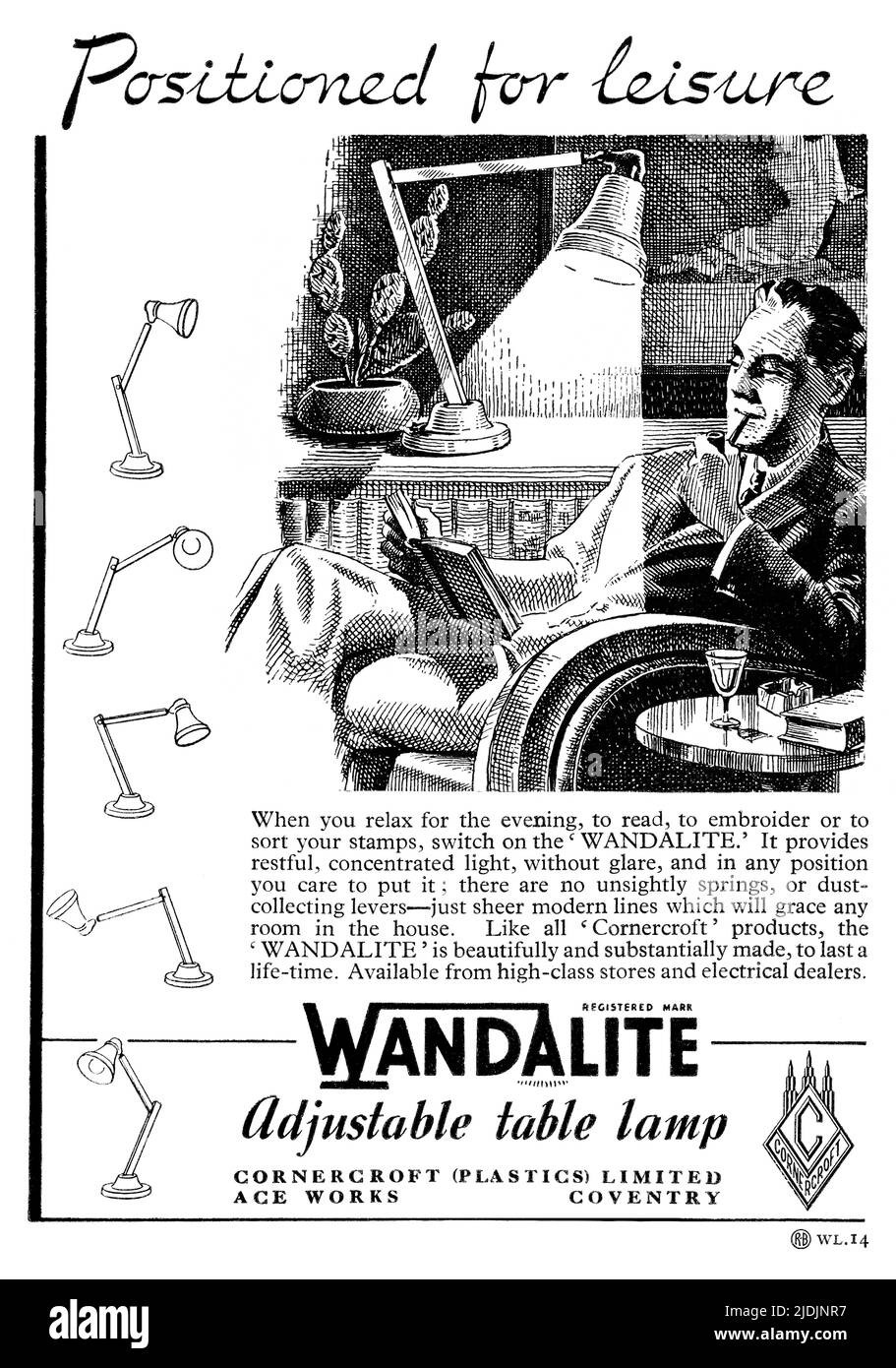 1947 British advertisement for Wandalite adjustable table lamp. Stock Photo