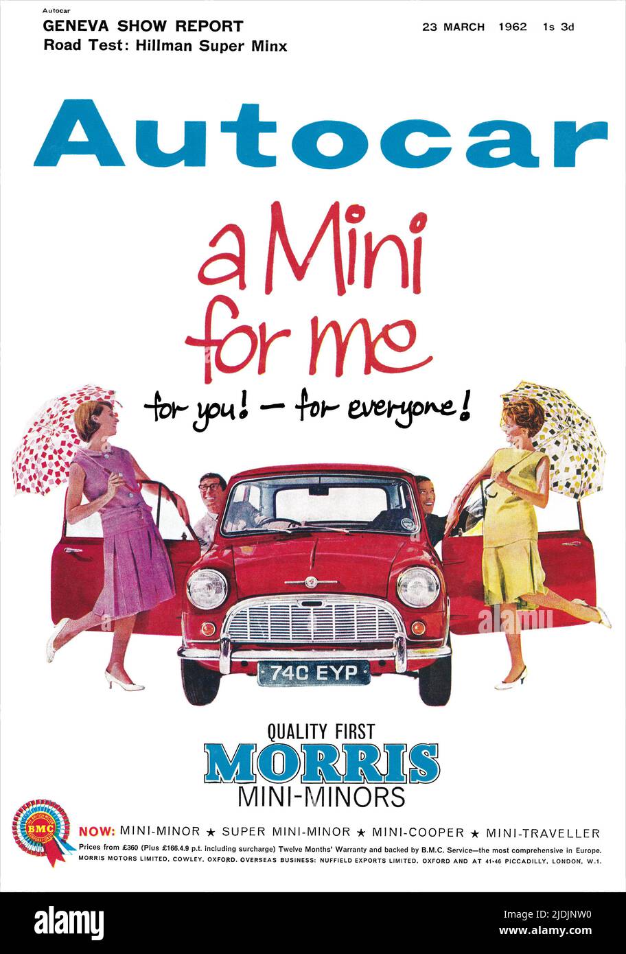 Vintage front cover of Autocar magazine for 23rd March 1962, featuring an advertisement for the Morris Mini motor car. Stock Photo