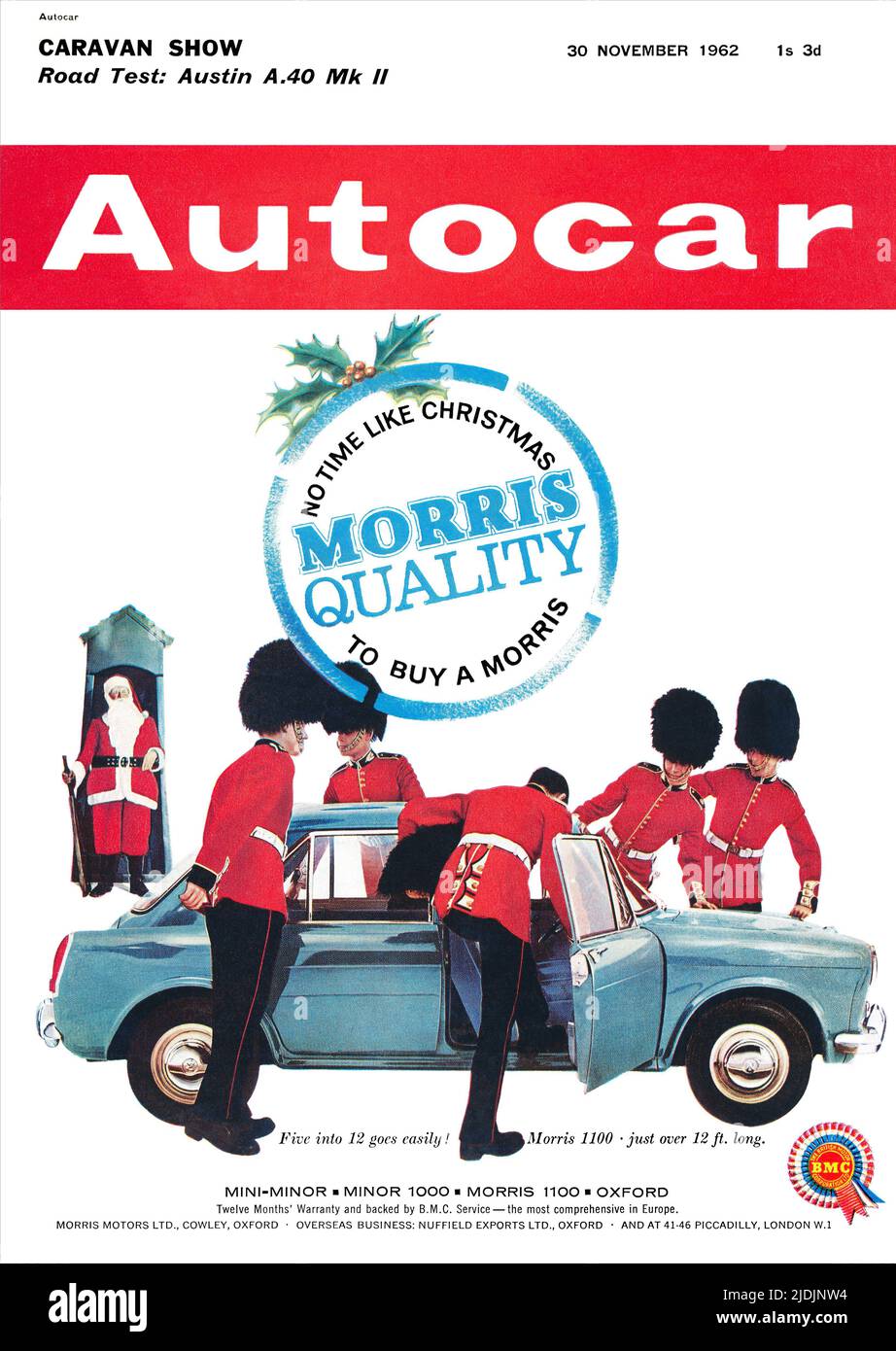 Vintage front cover of Autocar magazine for 30th November 1962, featuring an advertisement for the Morris 1100 motor car. Stock Photo