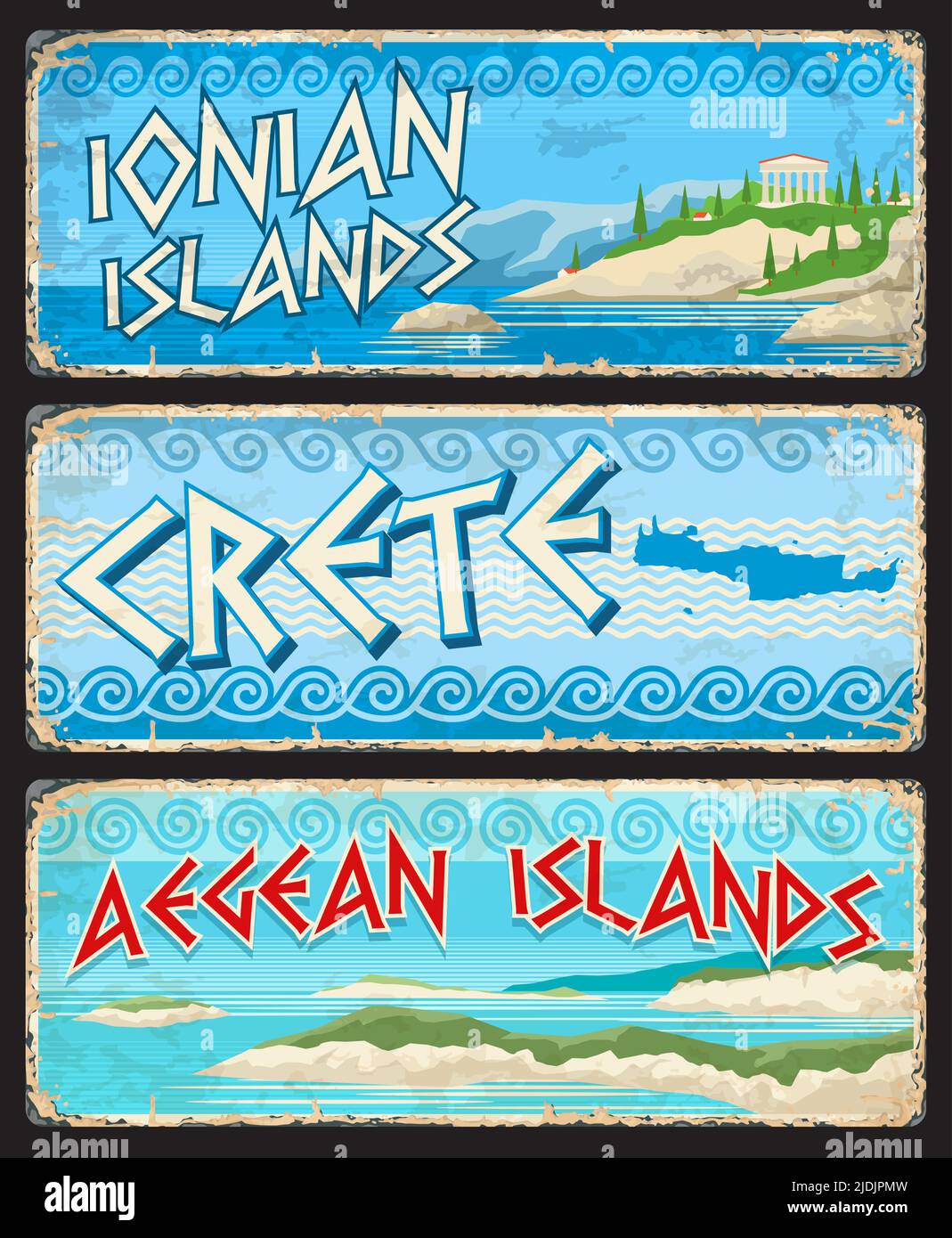 Crete, Ionian and Aegean islands, Greek regions travel stickers and plates,  vector tin signs. Greece vintage tourist luggage tags with Greek provinces  landmarks and region emblems on metal plates Stock Vector Image