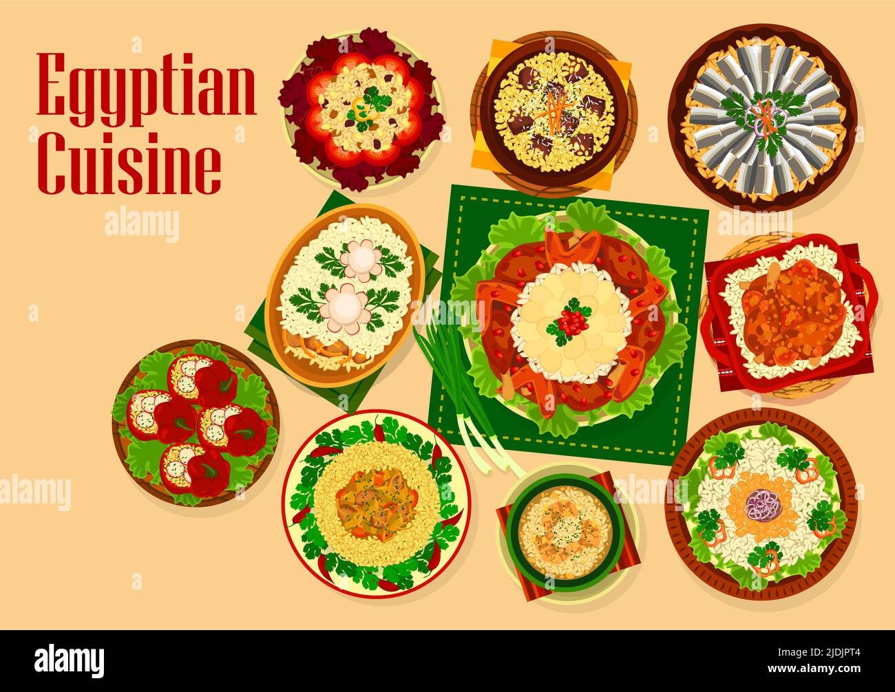Egyptian cuisine vector food of rice dishes with meat, vegetable and fish. Rice pilaf with lamb, chicken, duck and anchovies, meatball soup, stuffed tomatoes, lentil, couscous and egg barley Stock Vector