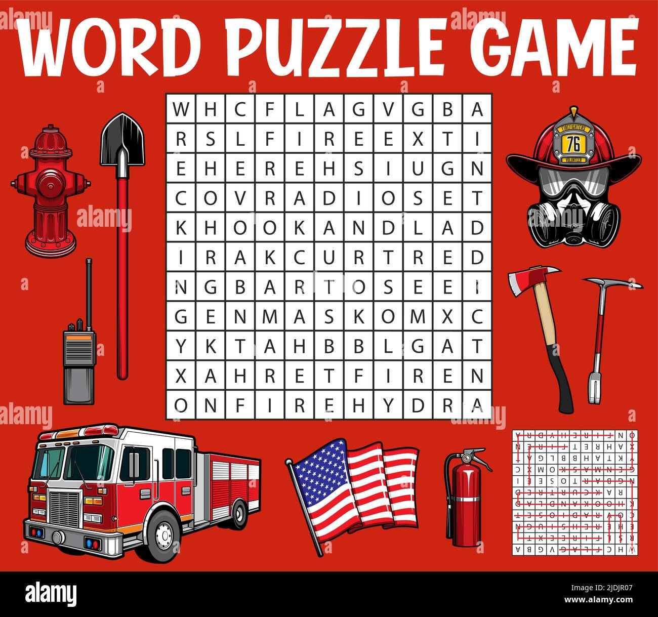 Firefighter and firefighting equipment word search puzzle game
