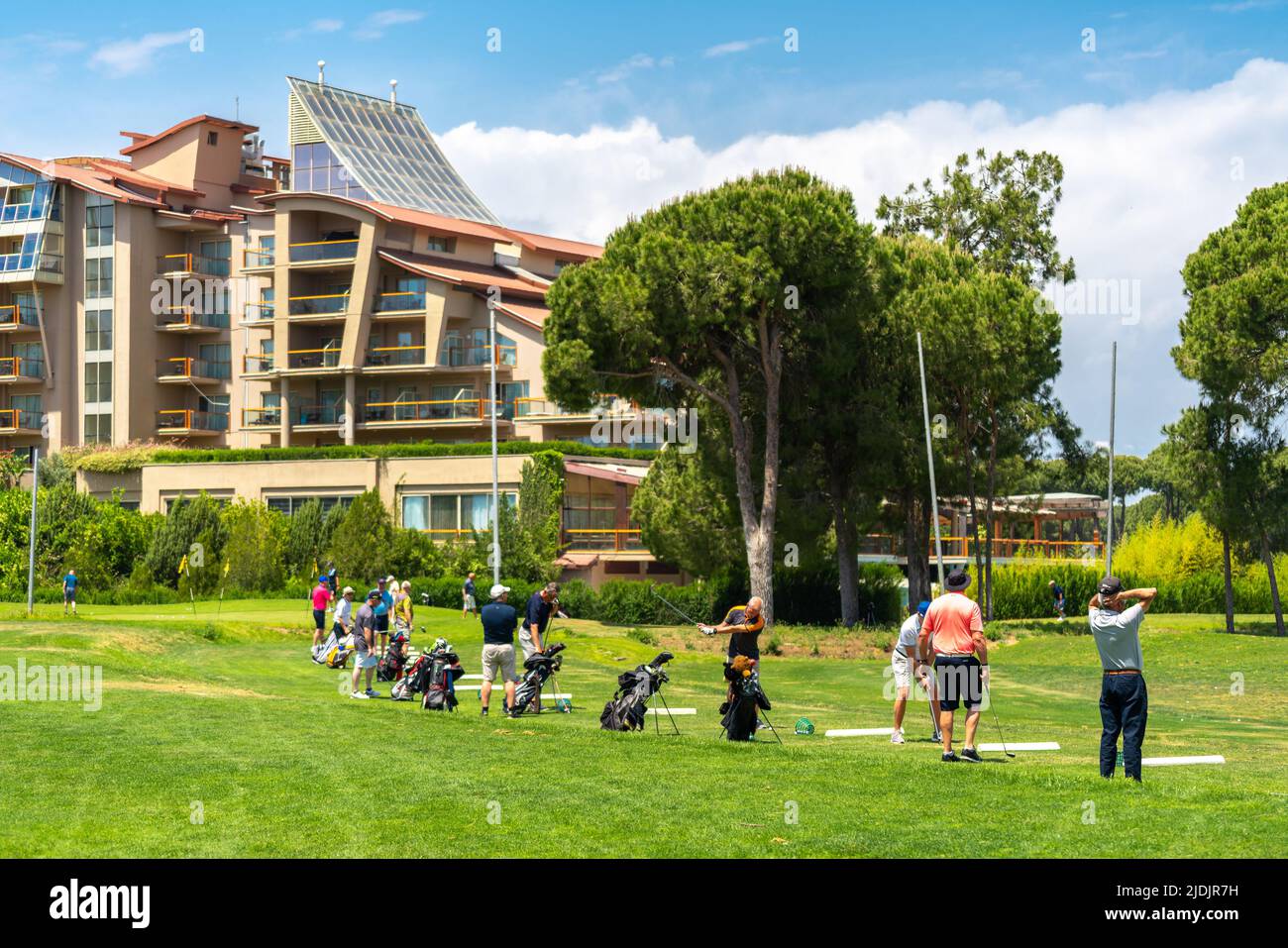 Belek, Turkey - May 13, 2022: Sueno hotel golf Belek with driving range at golf course. Sueno golf club in Sueno resort in Belek, Turkey Stock Photo