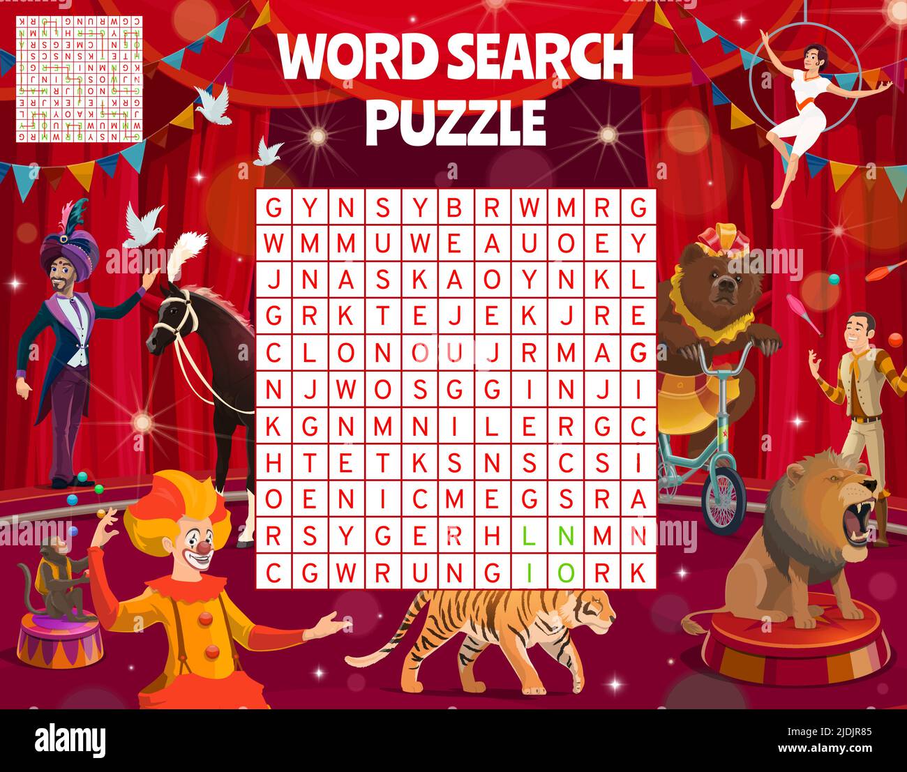 Cartoon performers and animals on shapito circus stage, vector word search  puzzle. Game worksheet or kids