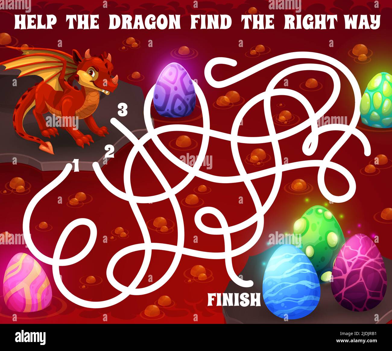 Labyrinth maze with cartoon red dragon and eggs, vector kids maze ...