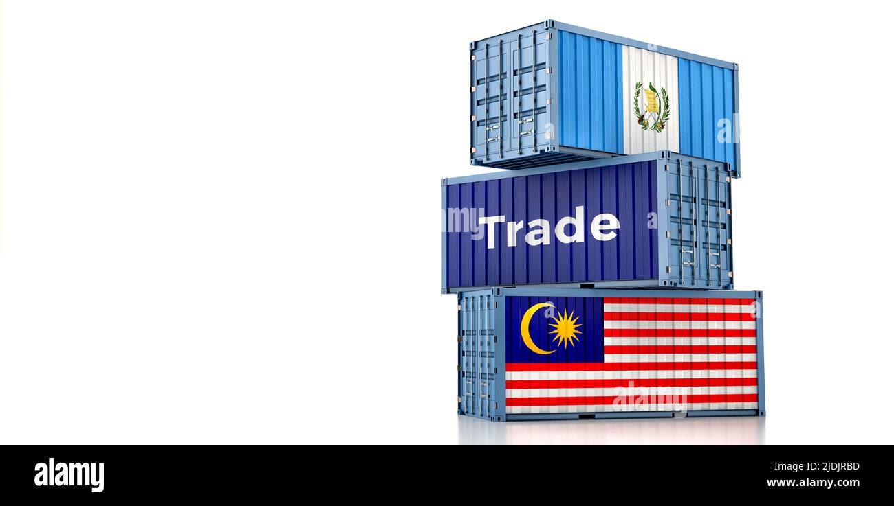 Cargo containers with Malaysia and Guatemala national flags. 3D Rendering Stock Photo