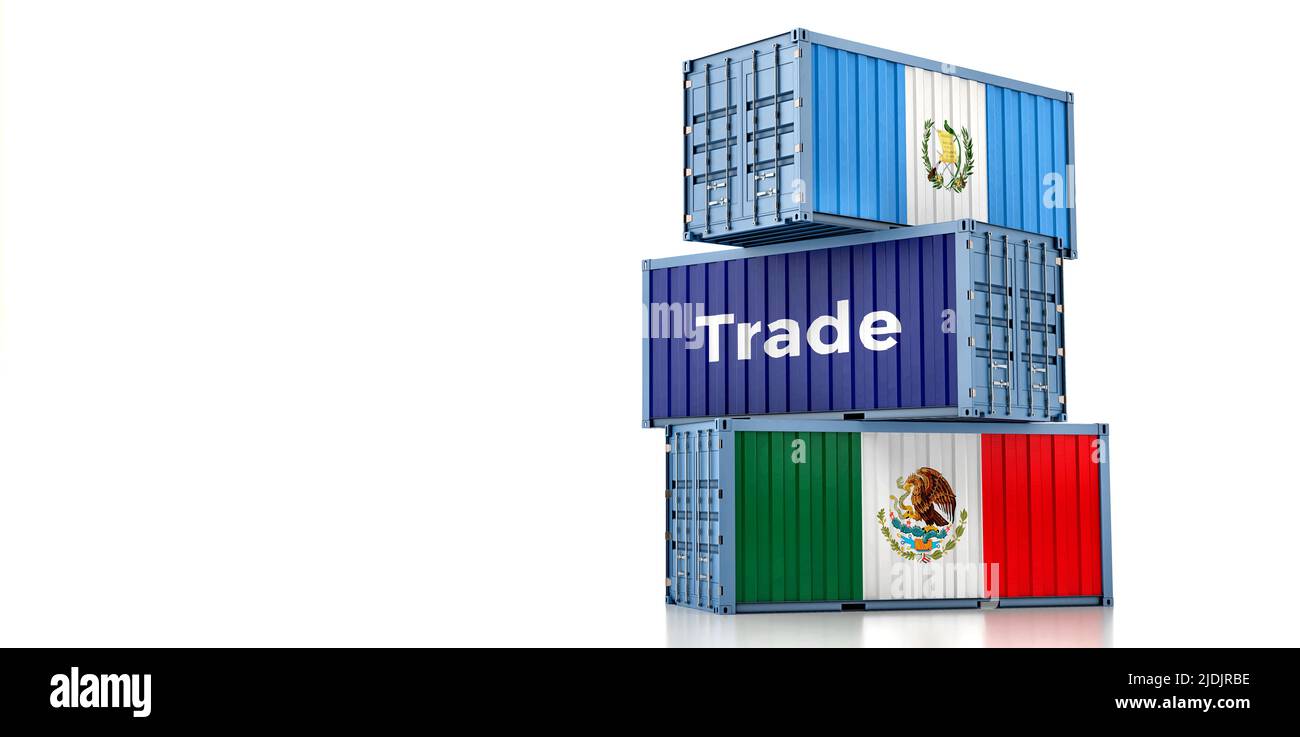Cargo containers with Mexico and Guatemala national flags. 3D Rendering Stock Photo