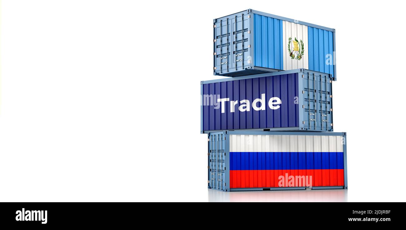 Cargo containers with Russia and Guatemala national flags. 3D Rendering Stock Photo
