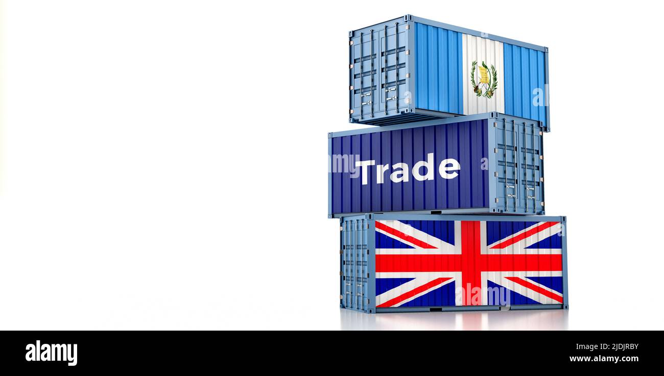 Cargo containers with United Kingdom and Guatemala national flags. 3D Rendering Stock Photo