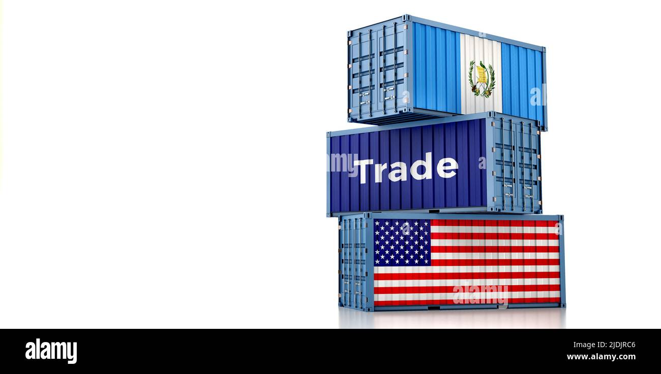 Cargo containers with USA and Guatemala national flags. 3D Rendering Stock Photo