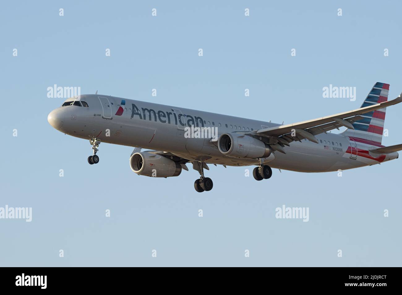American Airlines Airbus A321-231 jet with registration N108NN arriving at LAX, Los Angeles, California, USA on May 8, 2022. Stock Photo