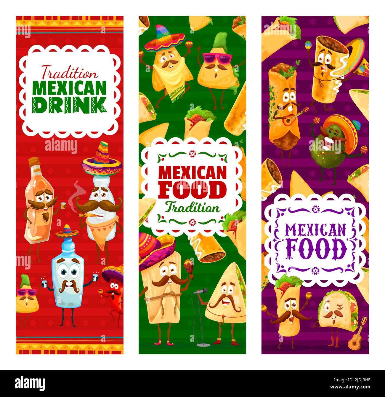 Cartoon Mexican food and drinks characters, vector banners of fiesta ...