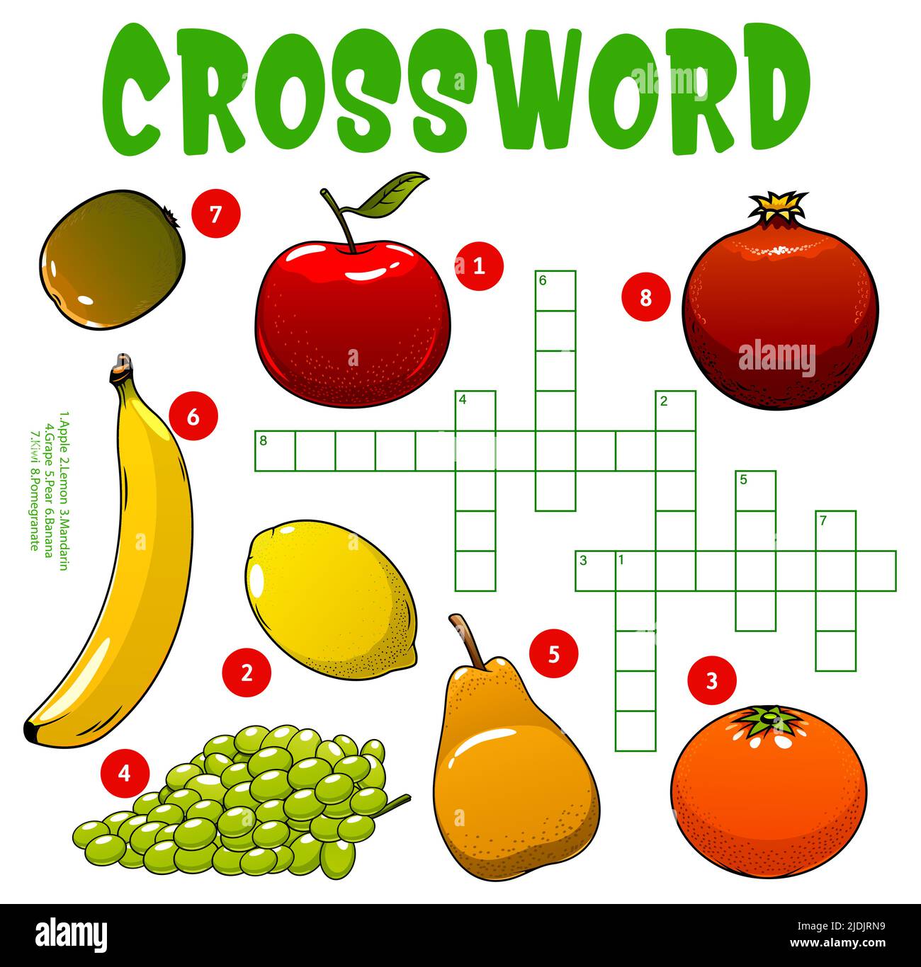 Harvest raw fruits crossword puzzle worksheet to find word, vector quiz  game grid. Kids education crossword riddle to guess word of apple, banana  and lemon with mandarin, pomegranate and kiwi Stock Vector