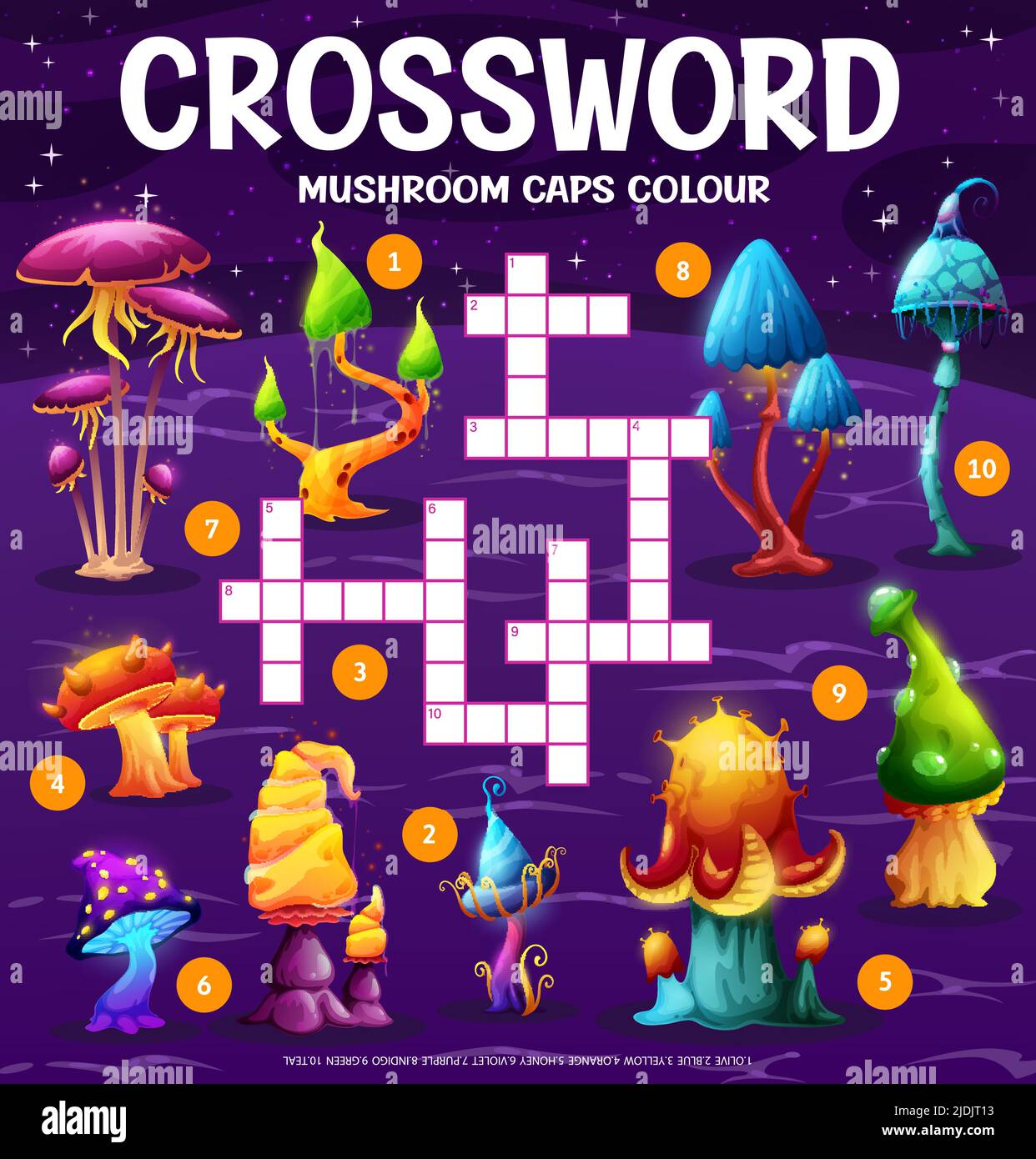 Alien magic mushrooms, find a color of cap crossword grid worksheet. Find a word quiz vector puzzle game, fill in squares riddle on background of space planet with orange, yellow, blue mushrooms Stock Vector