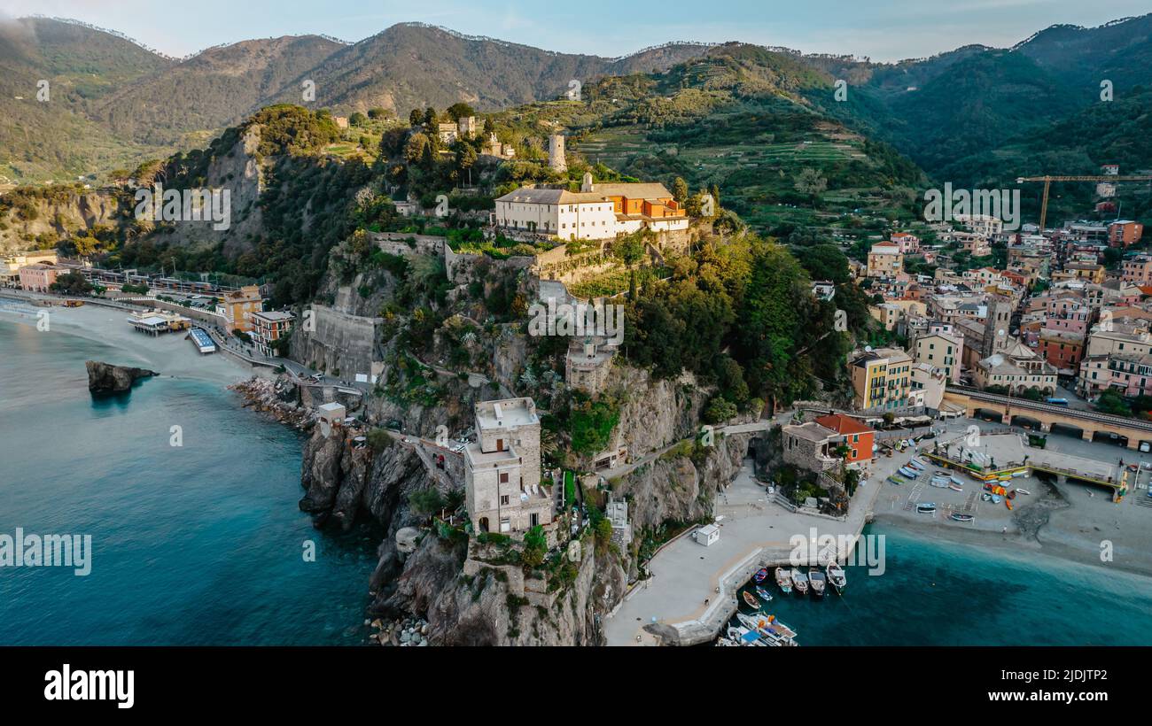 Aerial view of Monterosso and landscape of Cinque Terre,Italy.UNESCO Heritage Site.Picturesque colorful coastal village located on hills.Summer holida Stock Photo