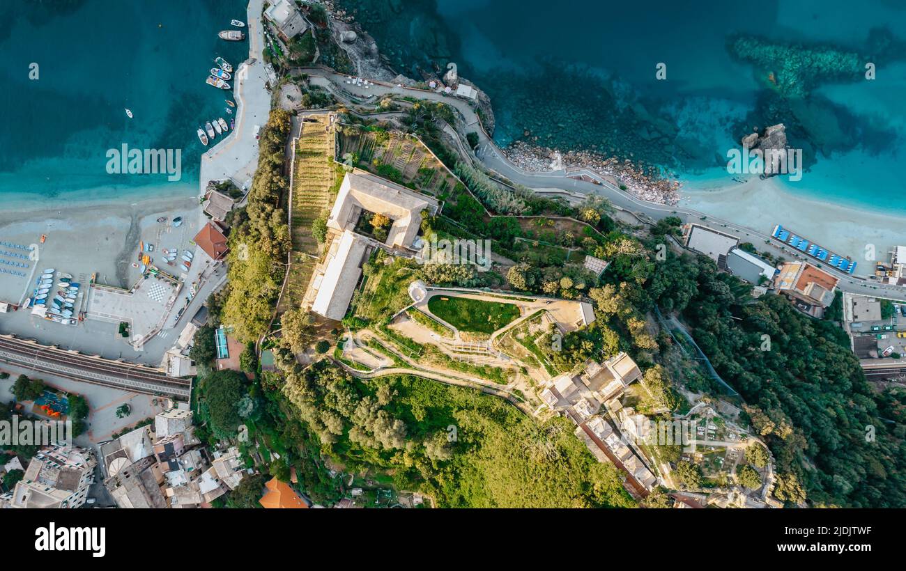 Top down view of Monterosso and landscape of Cinque Terre,Italy.UNESCO Heritage Site.Picturesque colorful coastal village located on hills.Summer holi Stock Photo