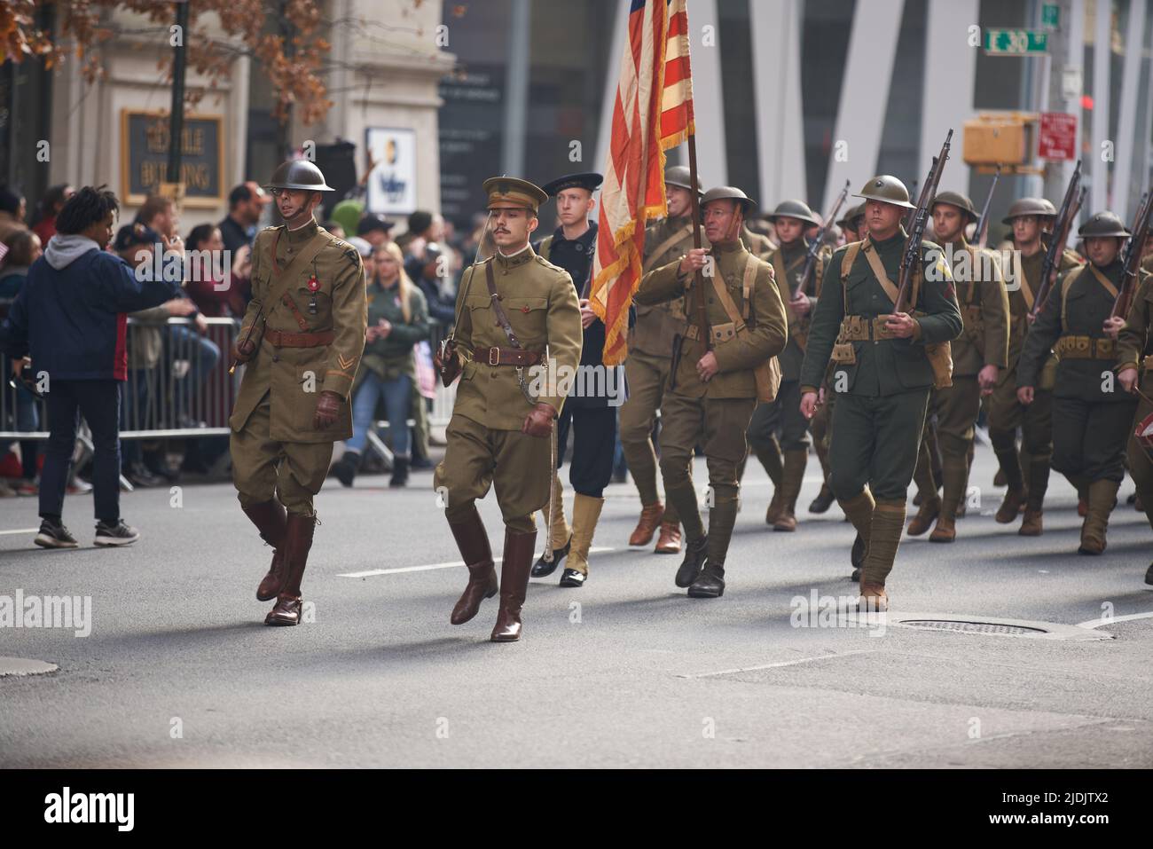 Manhattan, New York,USA - November 11. 2019: NYC honors Veterans. Soldiers marching in World War 1 Uniforms Stock Photo
