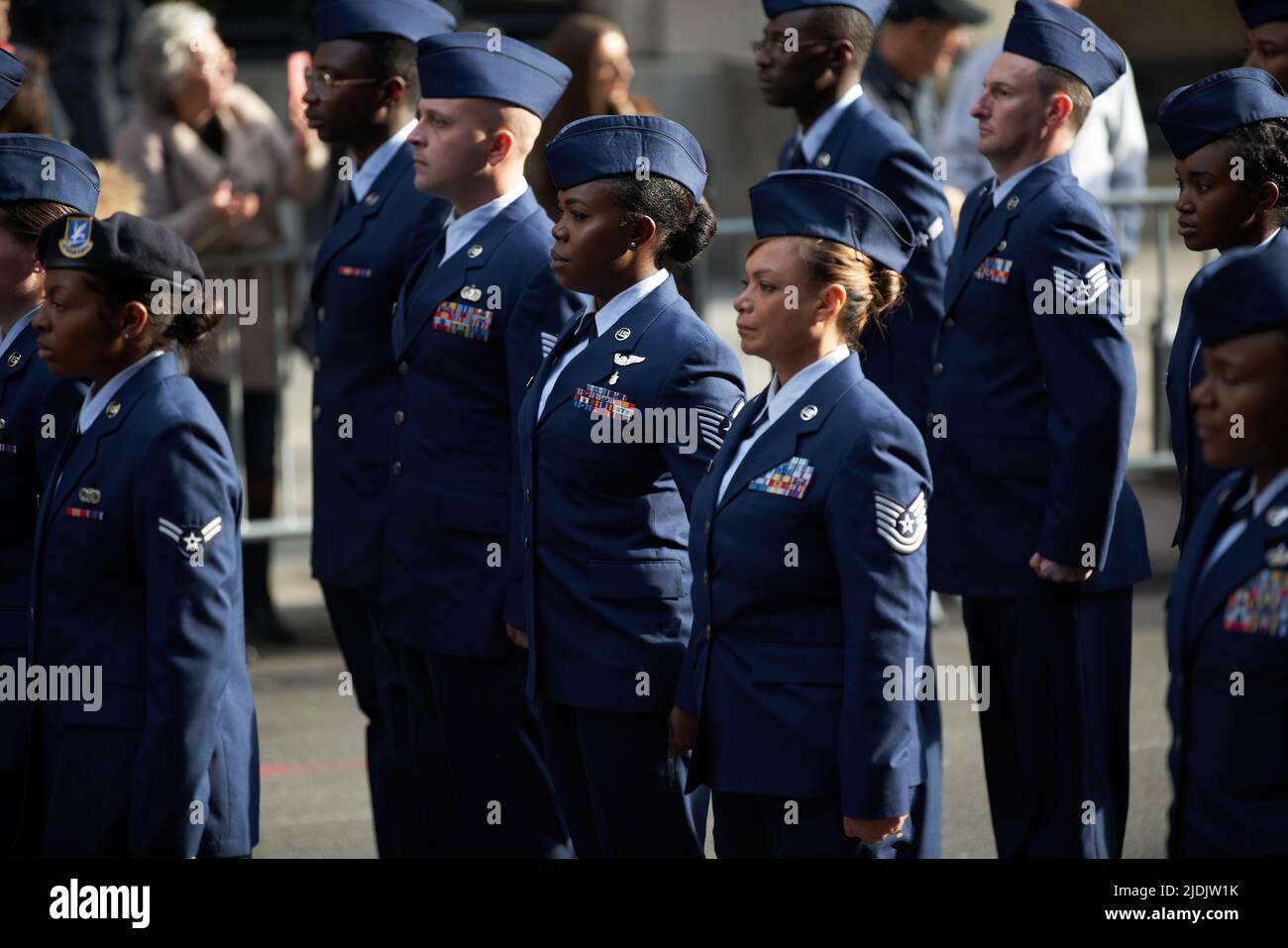 Manhattan, New York, USA - November 11. 2019: Veterans Day on 5th Avenue in NYC, Air Force members. Airmen and Airwomen during parade. Stock Photo