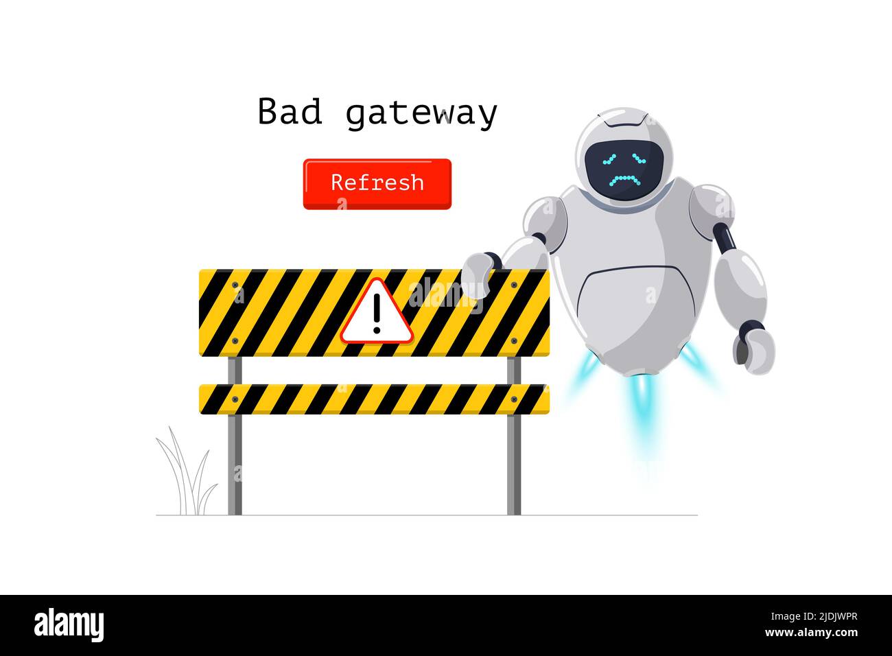 Bad gateway website page. Http error status code 502. Wrong internet result with oops worried robot character banner. Chatbot mascot on web design template. Https fail vector illustration eps concept Stock Vector