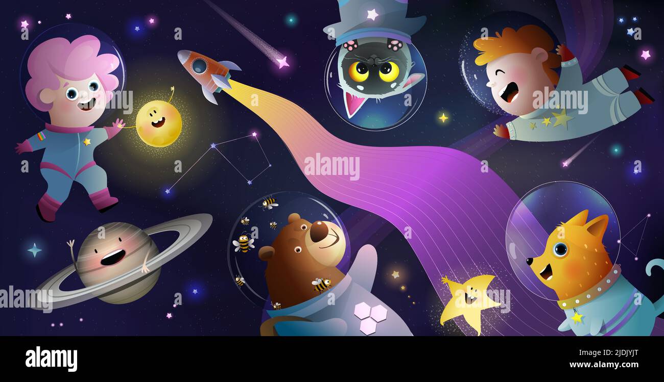 Astronaut Children and Space Animals Wallpaper Stock Vector