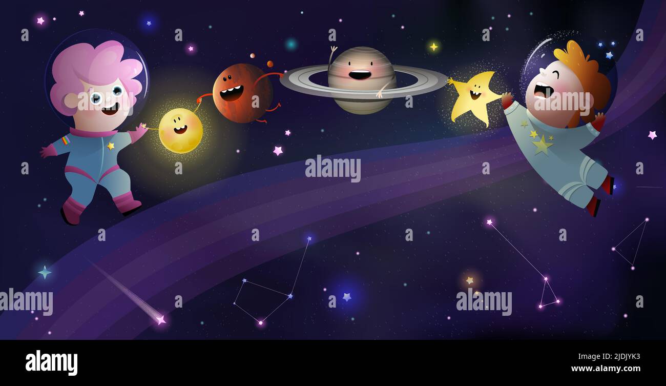 Astronaut Children in Space with Planets Wallpaper Stock Vector