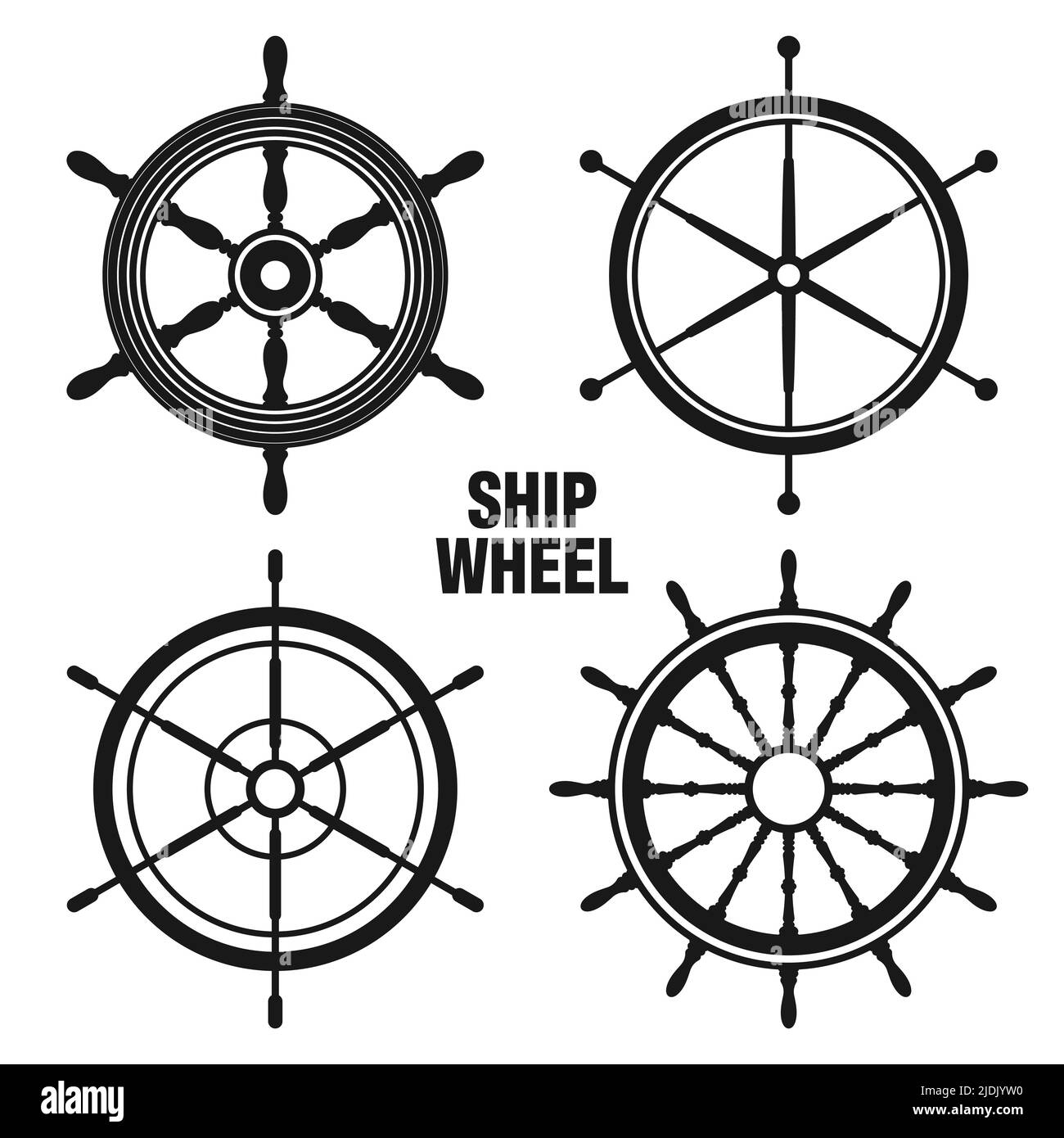Collection of vintage steering wheels. Ship, yacht retro wheel symbol