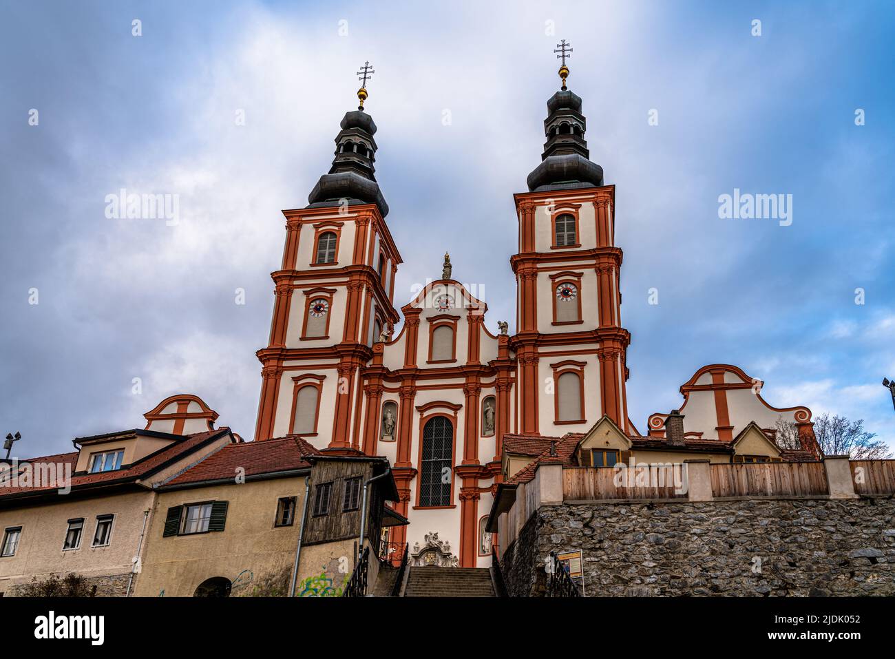 Front view of Mariatrost Basilica church on top of Purberg hill on a winter day, pilgrimage church with Baroque style,  in Graz, Styria, Austria Stock Photo