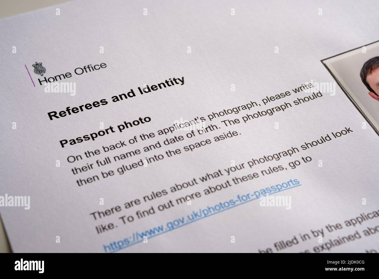 Referee and identity form for British passport application. Form for Home Office used for naturalization and citizenship application. Stafford, United Stock Photo
