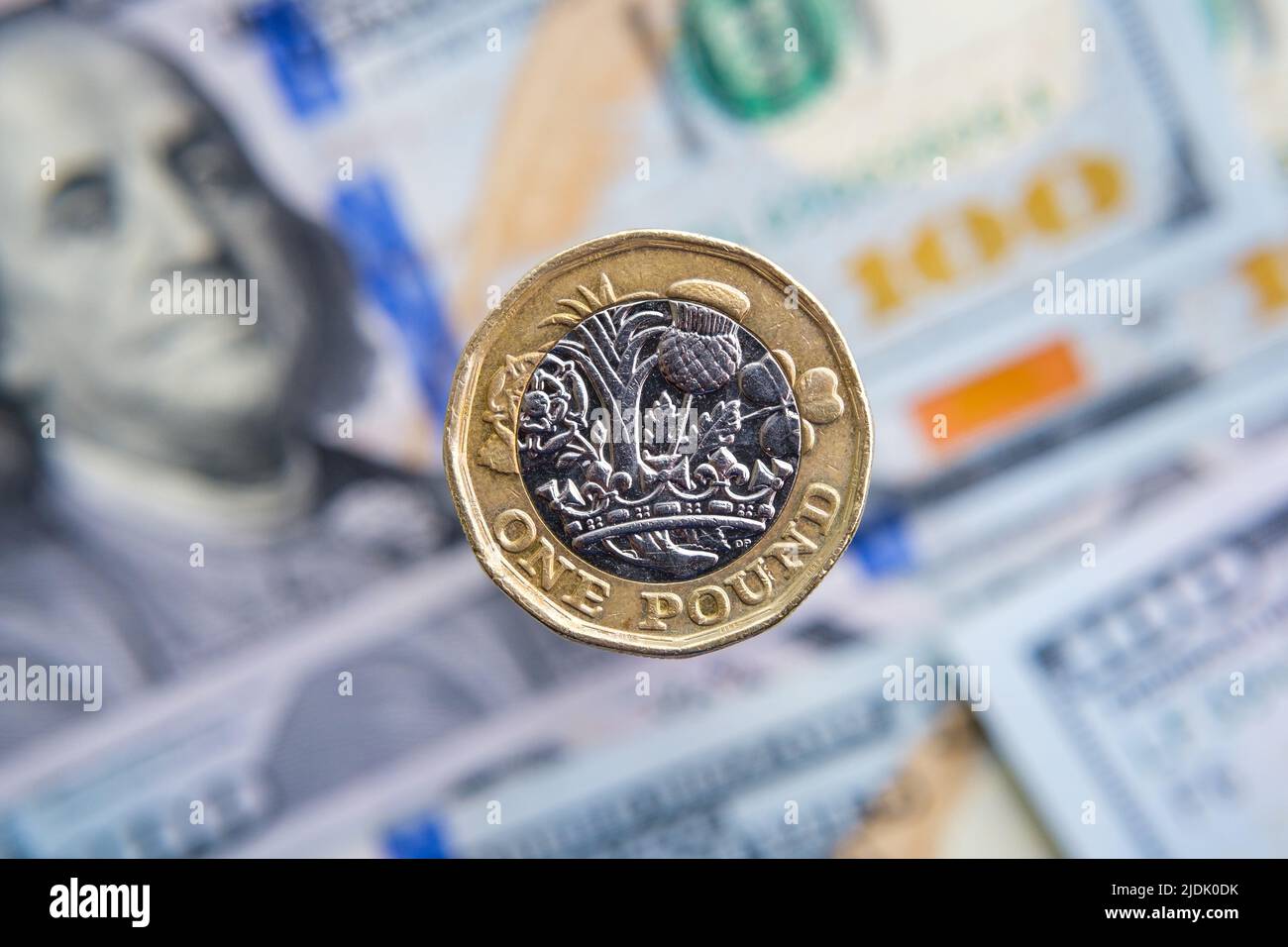 British one pound coin close up and blurred hunder dollar banknotes on the background. Concept for inflation. Not a montage, real photo. Stock Photo