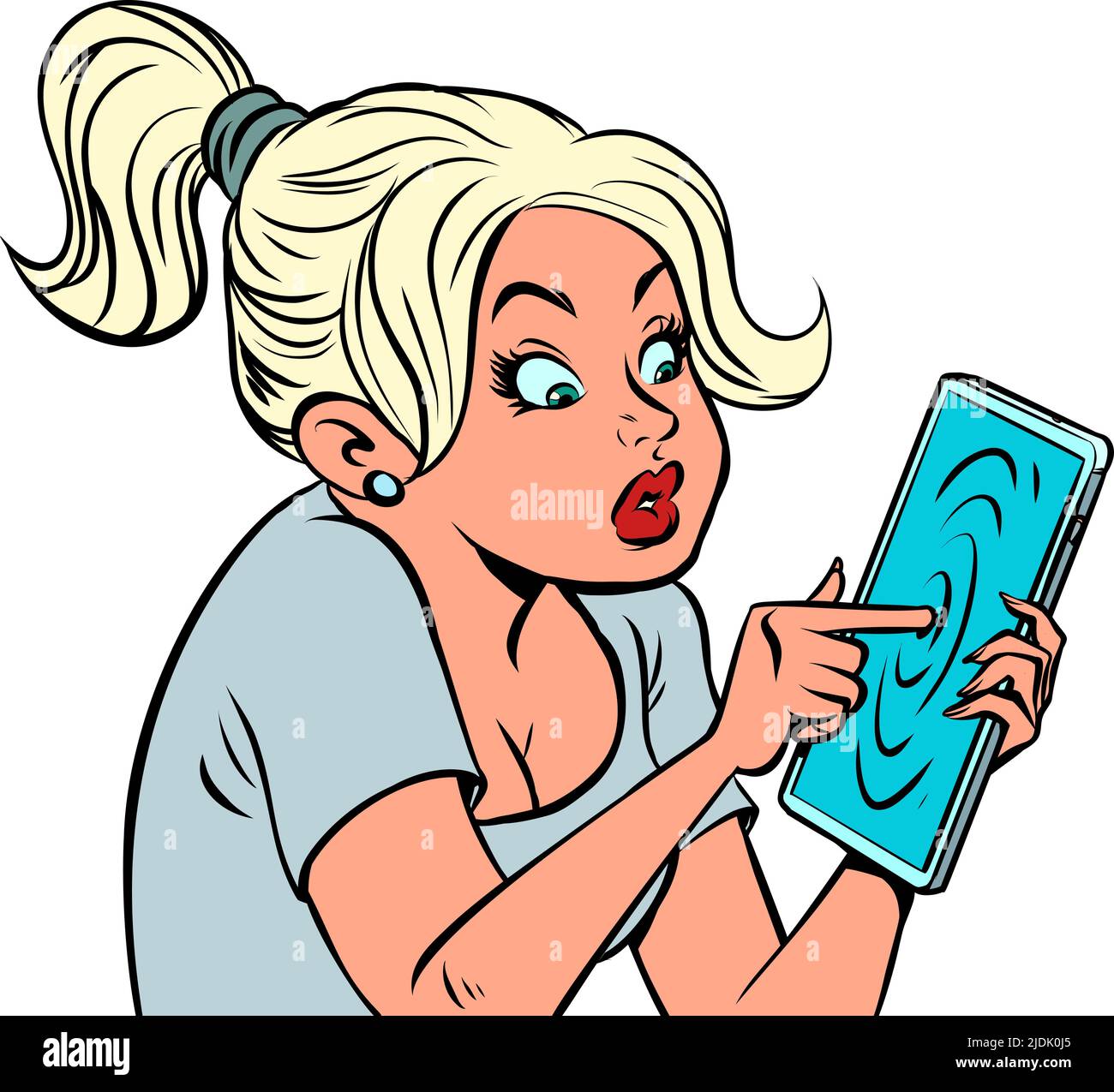 A beautiful girl uses a smartphone, a touchscreen phone screen. Mobile technologies. comic cartoon kitsch vintage style hand drawing illustration Stock Vector