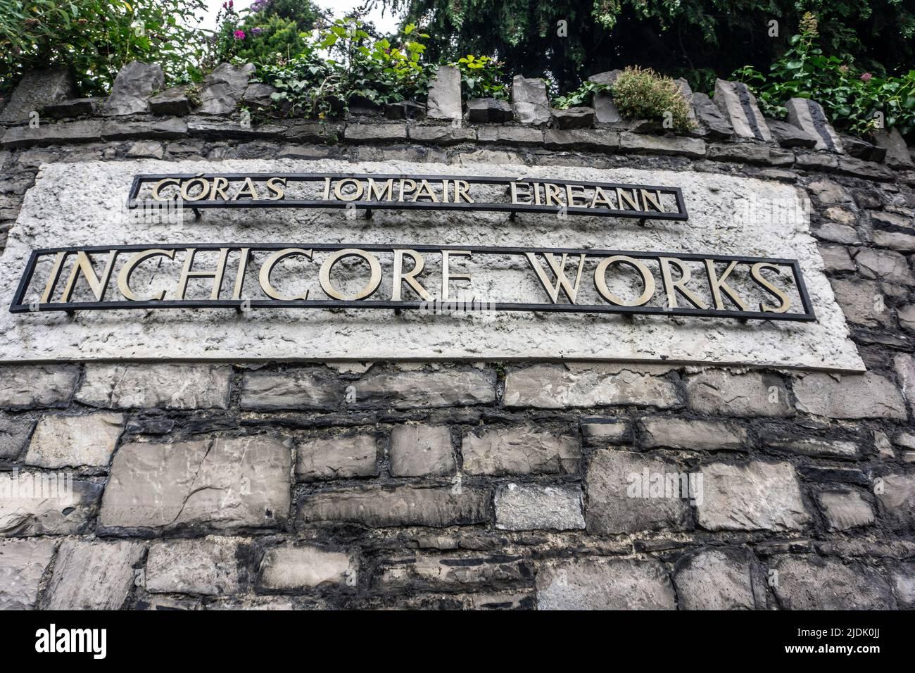 The sign for the Coras Iompair Eireann, Irish Rail, Inchicore Works on Inchicore Parade, Dublin. Established in 1846 to maintain rolling stock. Stock Photo