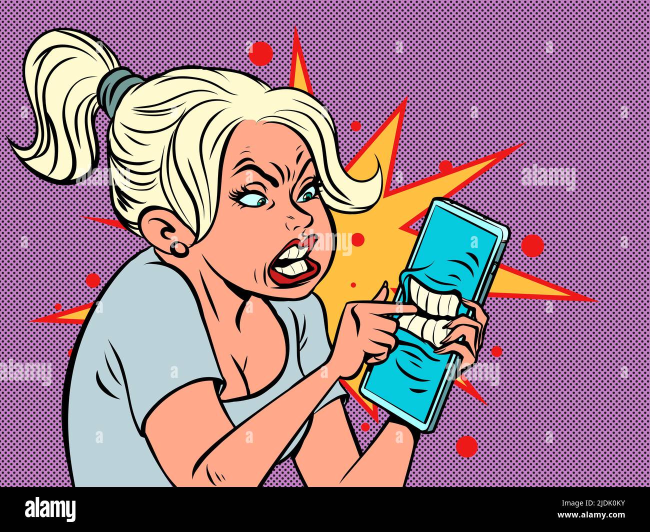 The mobile phone bit the woman's finger. Beautiful girl uses a smartphone, touchscreen phone screen. comic cartoon kitsch vintage style hand drawing i Stock Vector