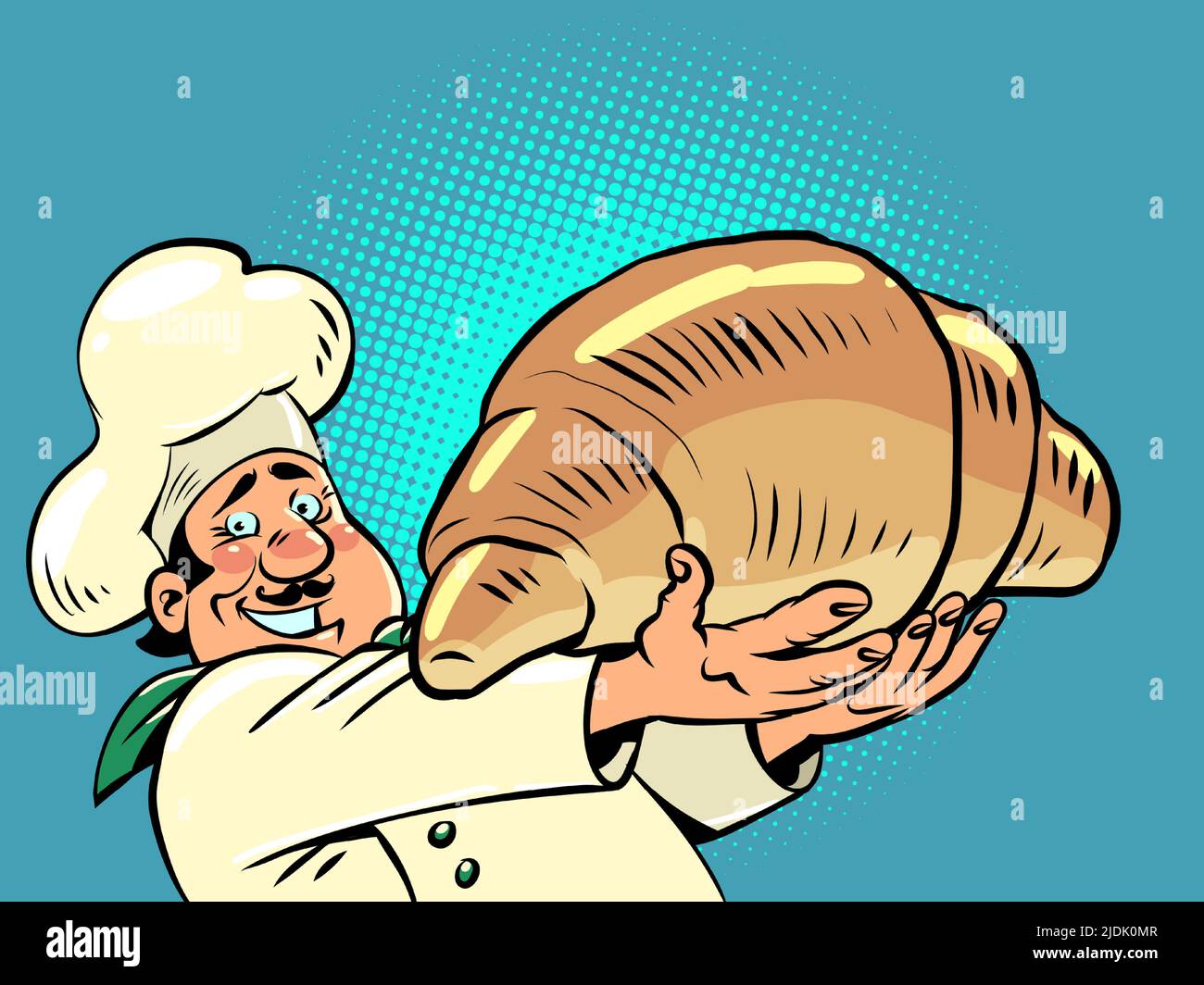 male chef with croissant, morning bakery, french cuisine, delicious bun Stock Vector