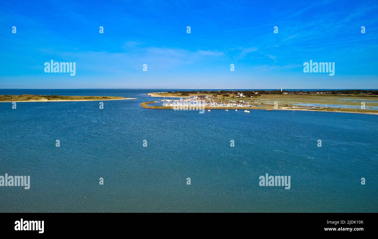 Aerial Image of Port Bail estuary with the marina and open sea in the back ground. Stock Photo