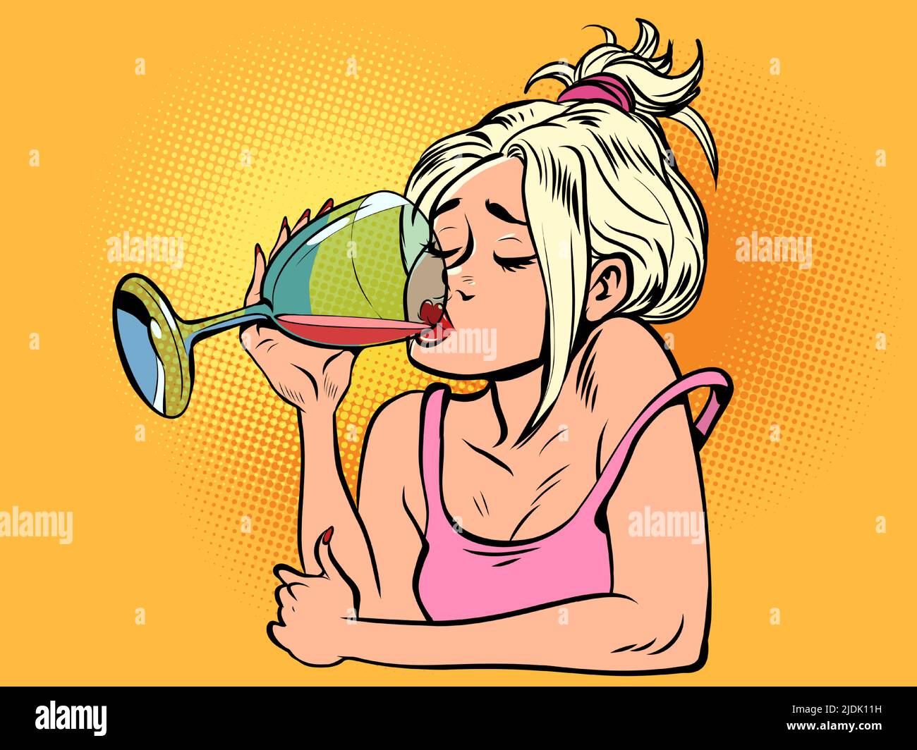 Beautiful woman drinking red wine from a glass. Lonely evening. Boredom Stock Vector