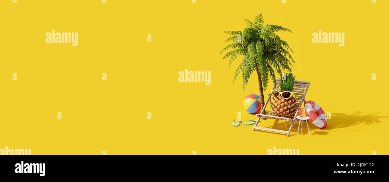 Pineapple with sunglasses resting and drink cocktail on the beach, Summer vacation concept on yellow background 3d render 3d illustration Stock Photo