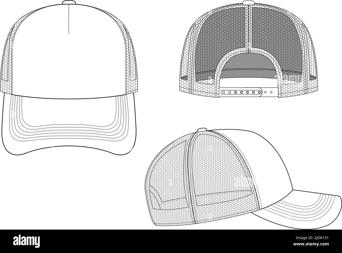 Trucker Hat Snapback Technical Drawing Illustration Blank Streetwear Mock-up Template for Design and Tech Packs CAD Strap Mesh Stock Vector