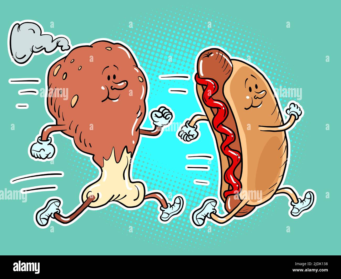 chicken leg or turkey leg or ham runs along with the hot dog. Sports lifestyle Stock Vector