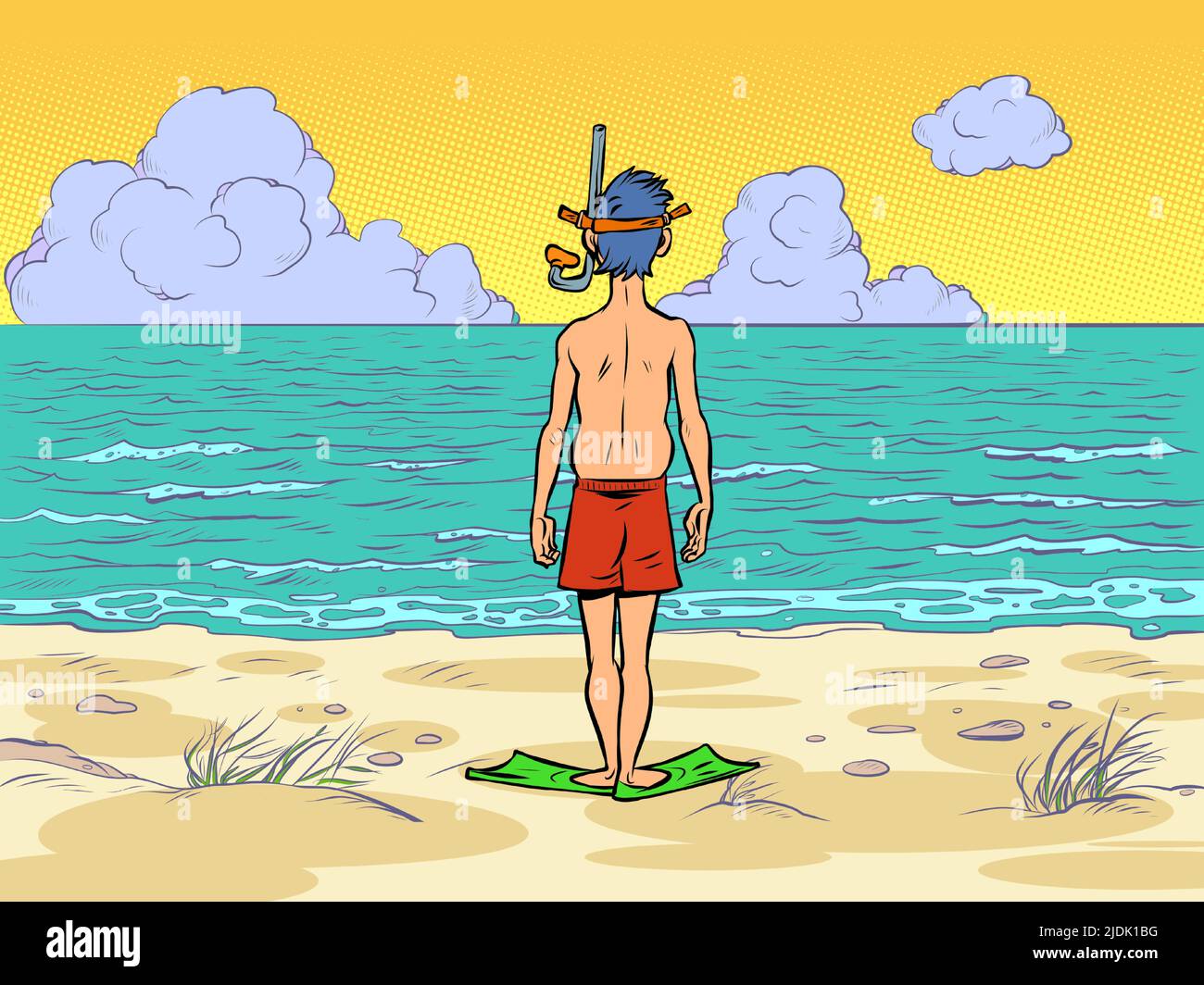 a man in a scuba mask is preparing to dive, standing on the seashore of the ocean by the water Stock Vector