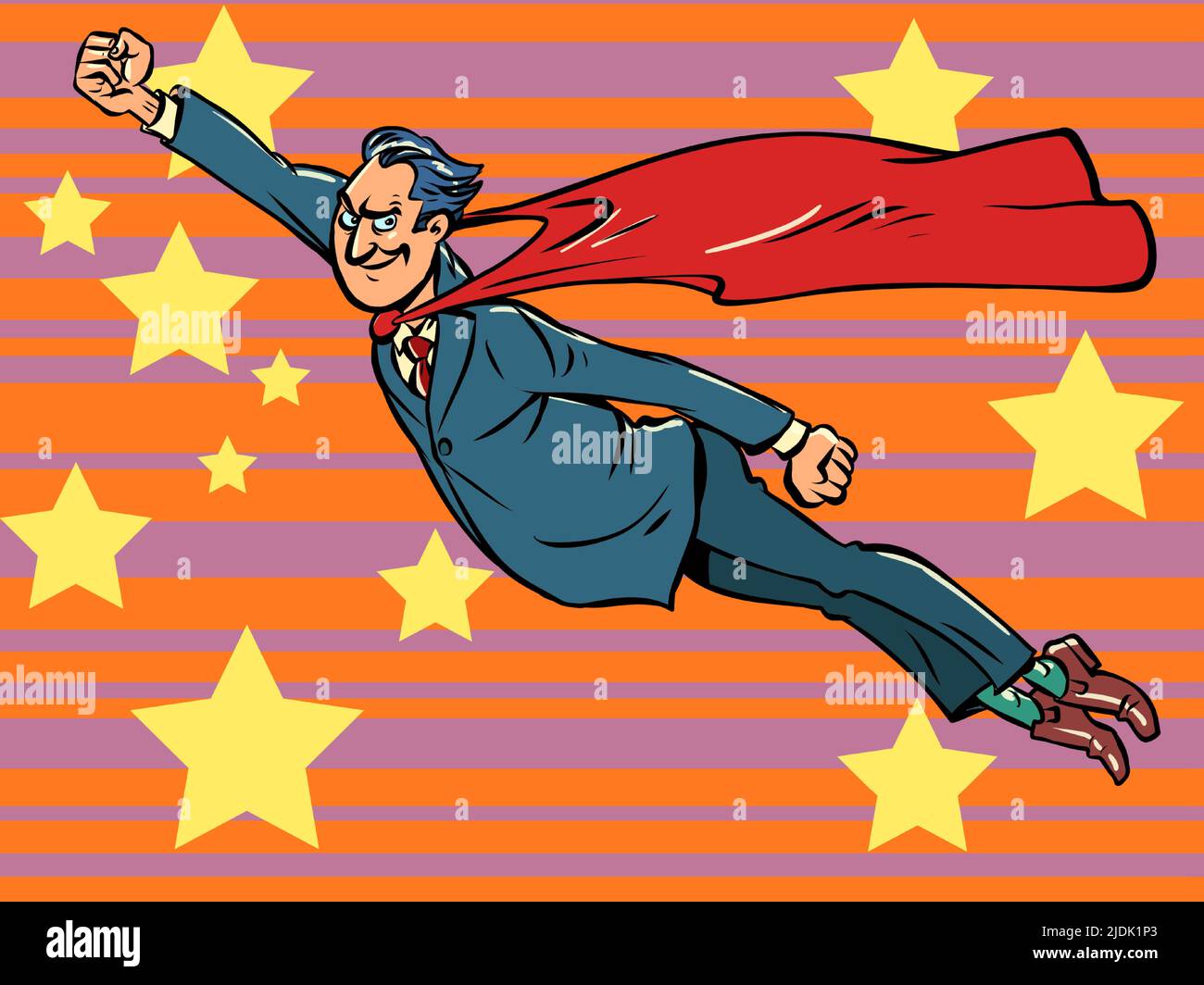 the businessman is a superhero man, a man in a suit with a red cape. A hero is flying to the rescue Stock Vector