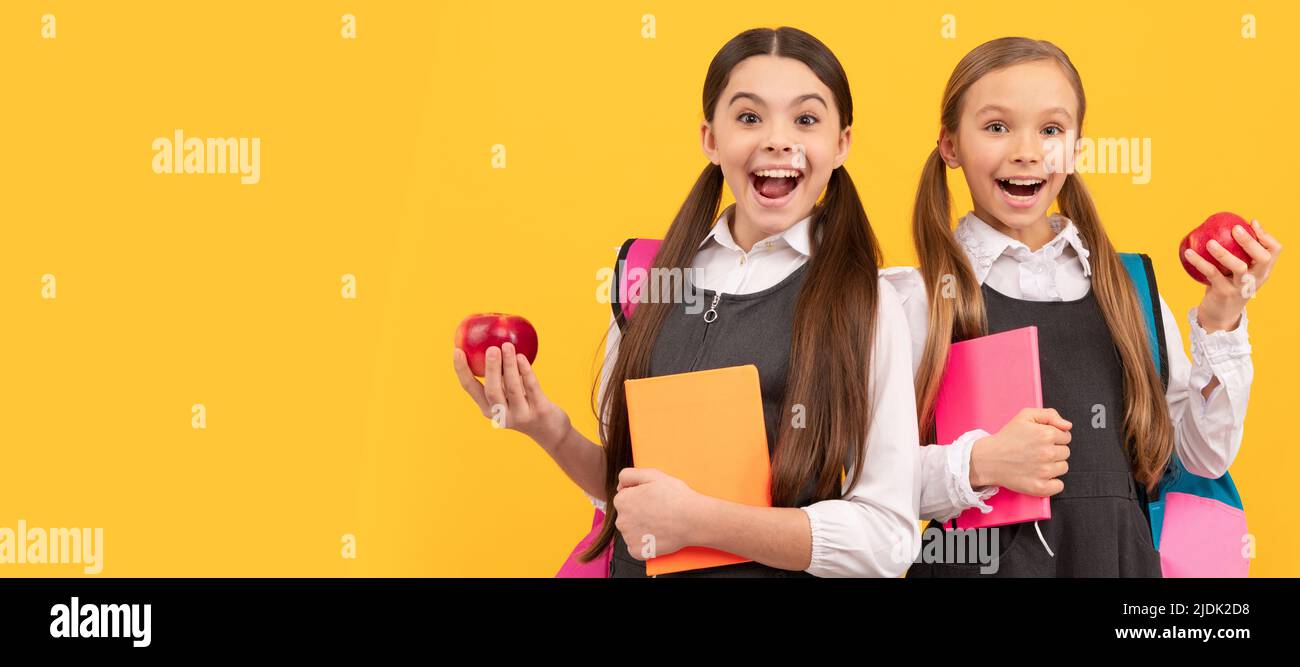 School girls friends. Happy kids in school uniforms hold books and apples for healthy eating school meal, snack. Banner of school girl student Stock Photo